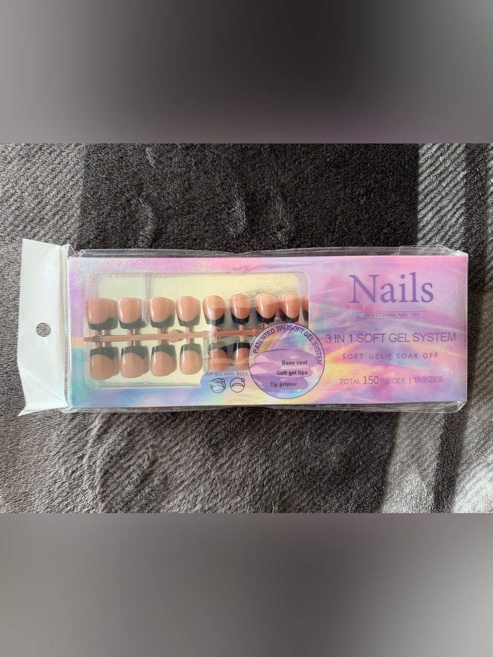 Nail Tips 3-in-1 Soft Gel Nude with Black French Tip Square Shape